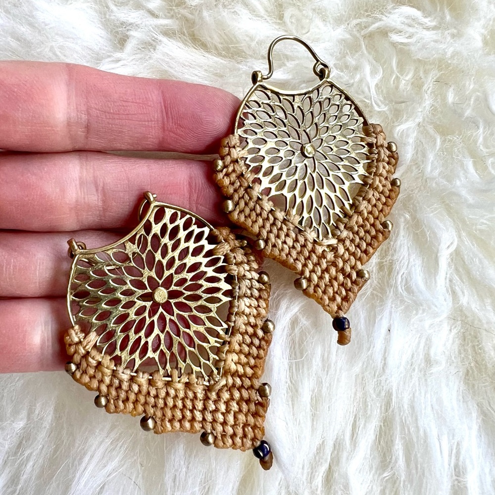 Artisan Handwoven HEMP & BRASS Mandala Boho Earrings - Picture 7 of 7